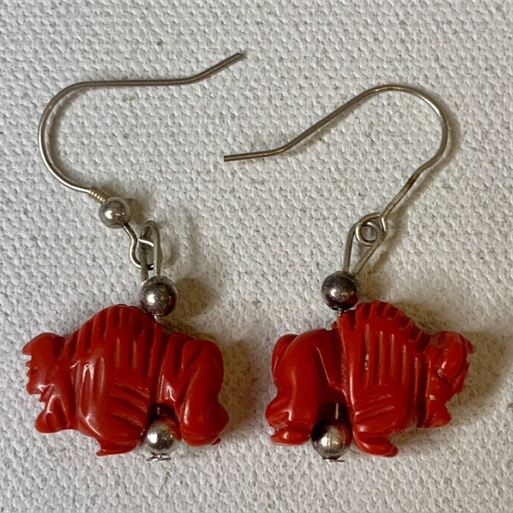 Native American Jewelry - Vintage Southwestern Hand Carved Red Block Coral Buffalo Fetish Dangle Earrings